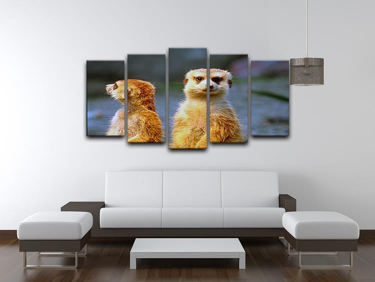 A beautiful 5-panel canvas artwork featuring two meerkats watching over their family in a zoo setting, showcasing vibrant colors and intricate details.