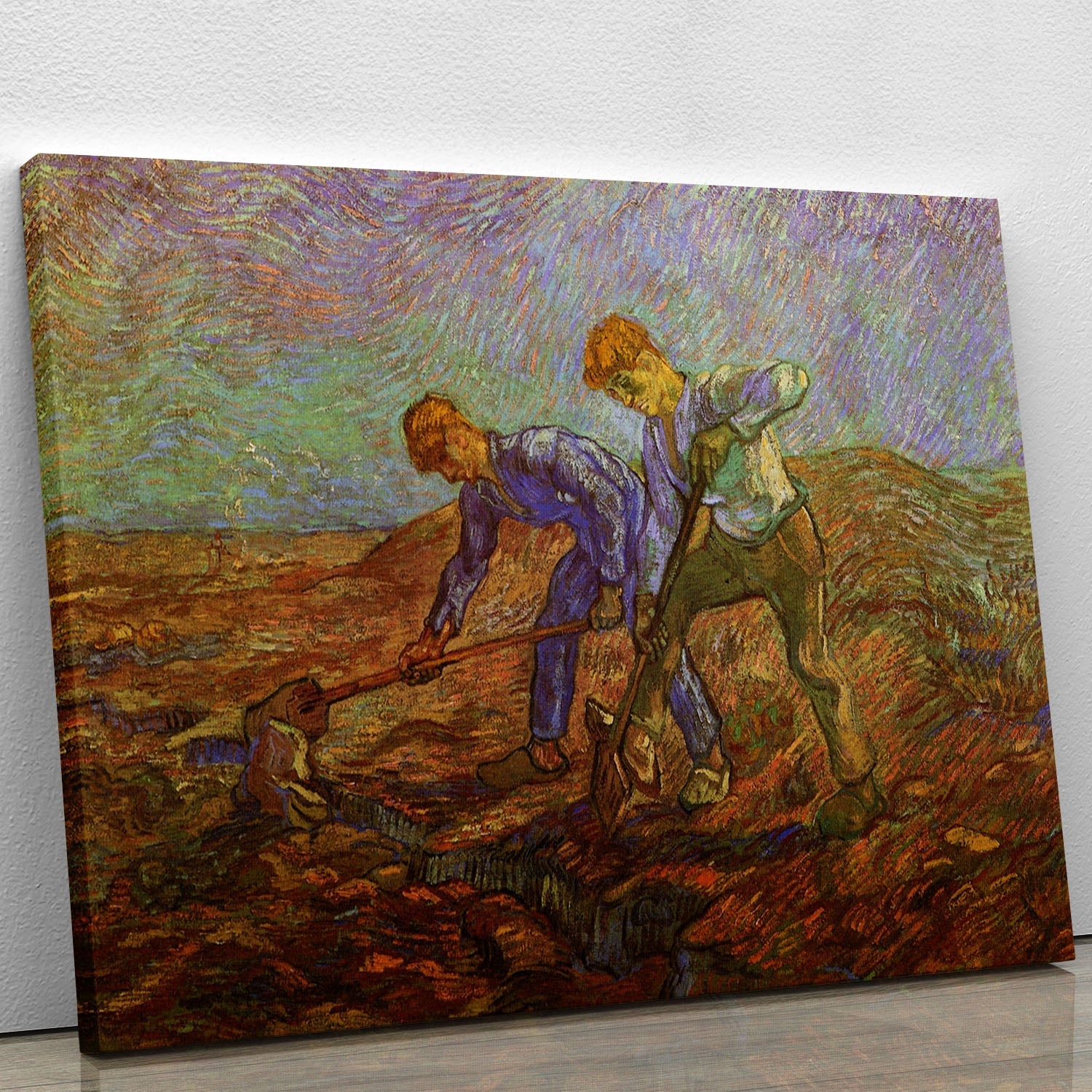 Canvas print of Van Gogh's Two Peasants Digging, showcasing two laborers in a vibrant landscape.