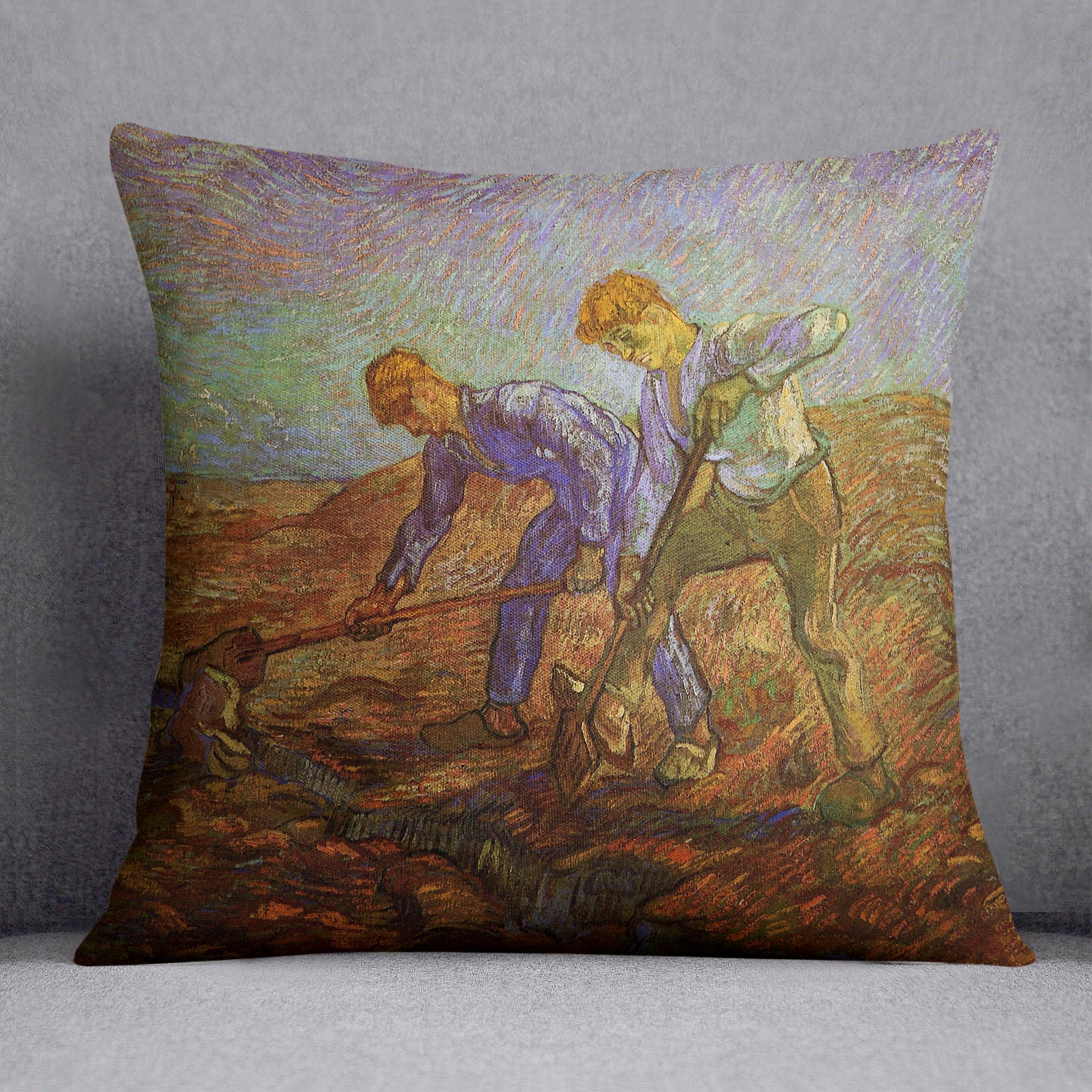 A vibrant cushion featuring Van Gogh's Two Peasants Digging artwork, made from luxurious vegan faux suede.