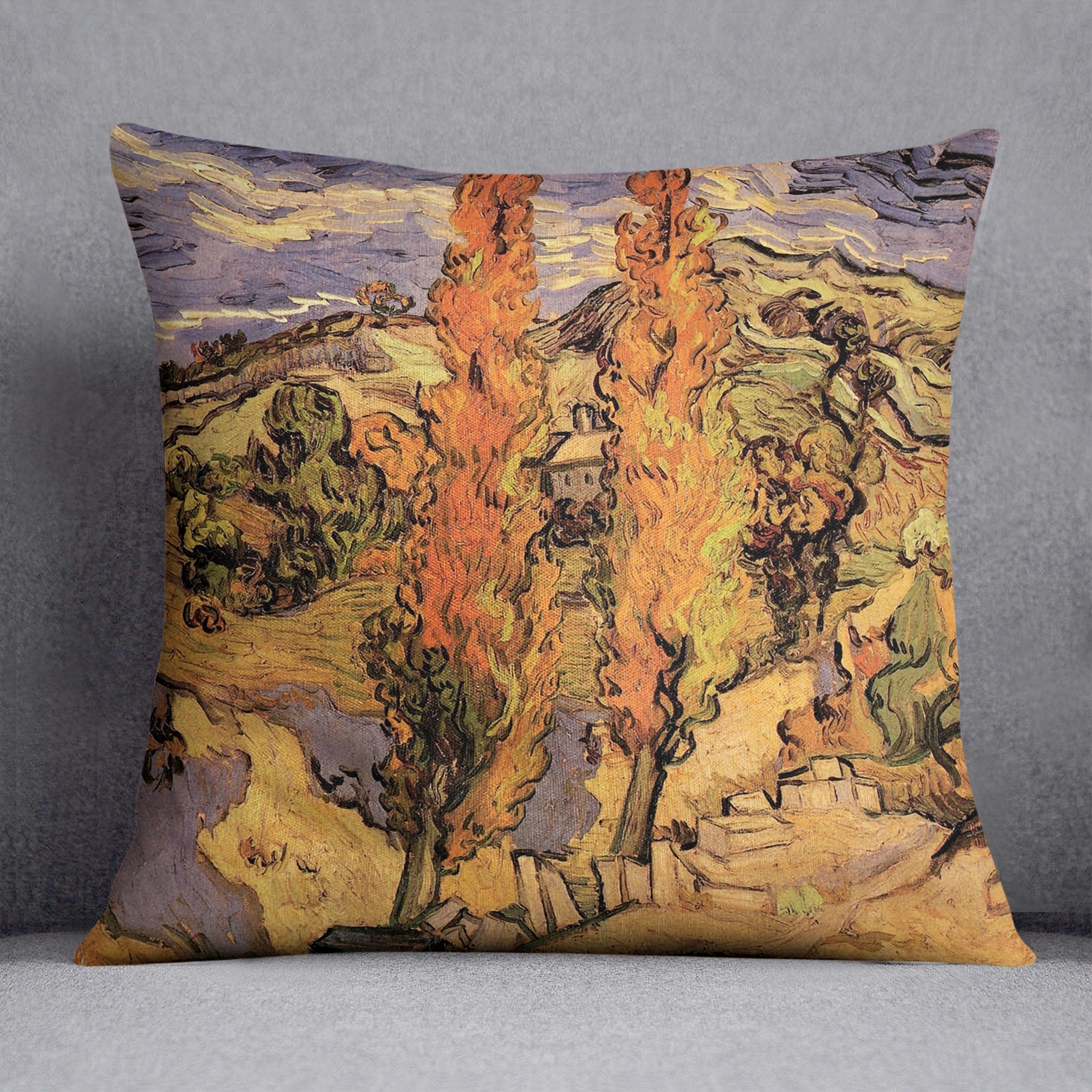 A vibrant cushion featuring Van Gogh's Two Poplars on a Road Through the Hills design, made from luxurious vegan faux suede.