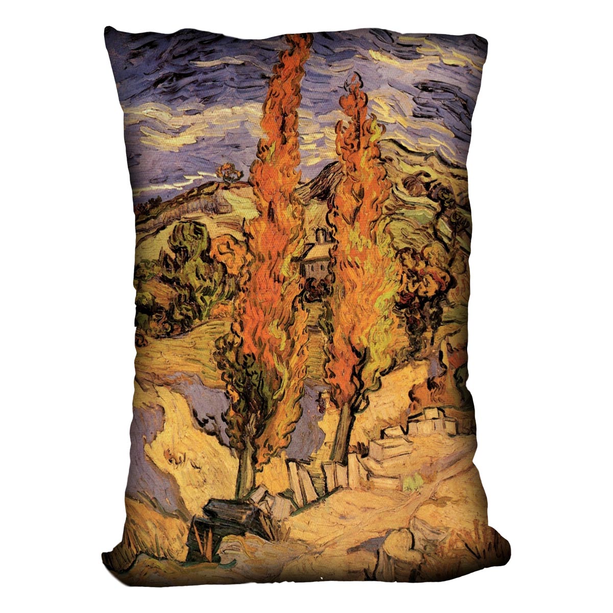 A vibrant cushion featuring Van Gogh's Two Poplars on a Road Through the Hills design, made from luxurious vegan faux suede.