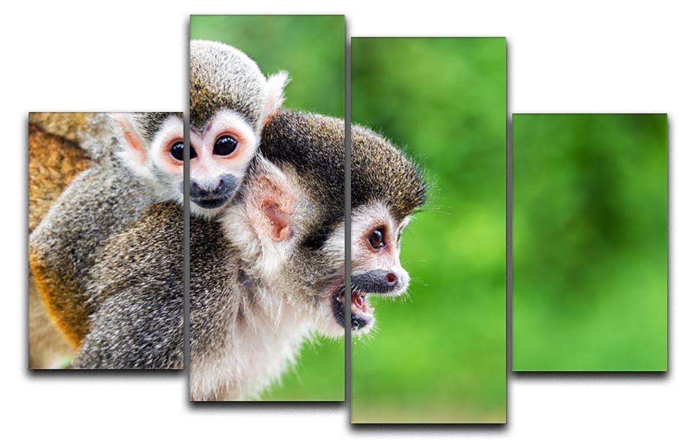 A vibrant 4-split canvas artwork featuring two playful squirrel monkeys, showcasing their lively nature and colorful design.