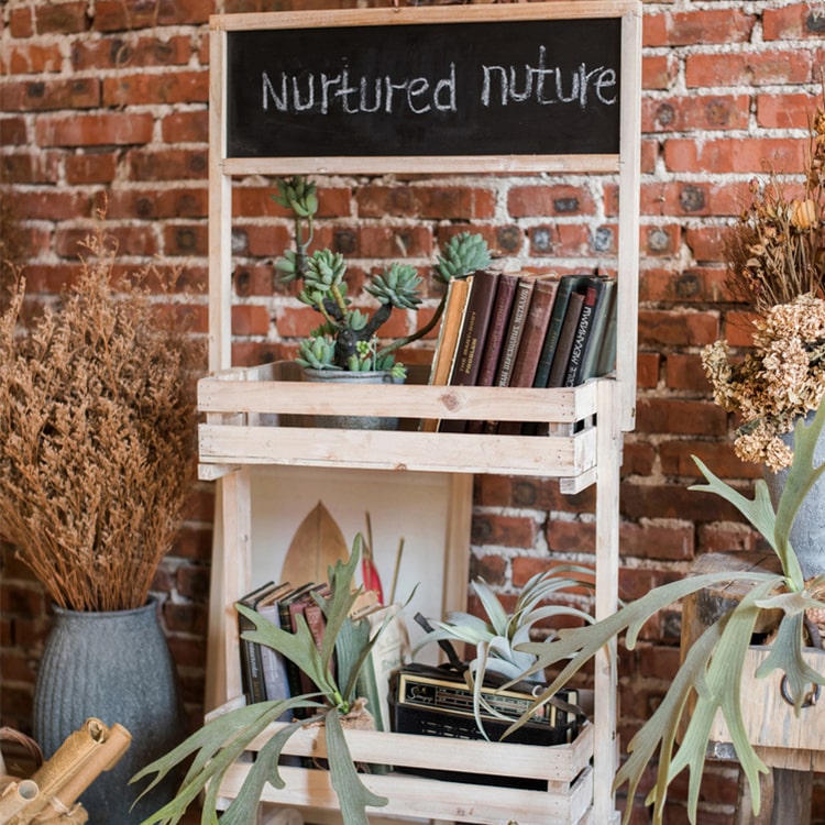 Two Tire Plant Stand made of Chinese fir wood with a chalkboard surface, showcasing a stylish design for indoor plants.