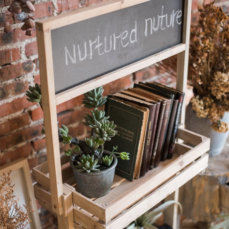 Two Tire Plant Stand made of Chinese fir wood with a chalkboard surface, showcasing a stylish design for indoor plants.