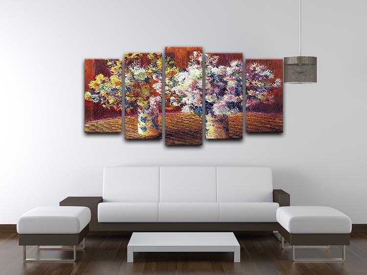 A beautiful 5-split canvas artwork featuring Monet's Two Vases with Chrysanthemums, showcasing vibrant flowers in a modern display.