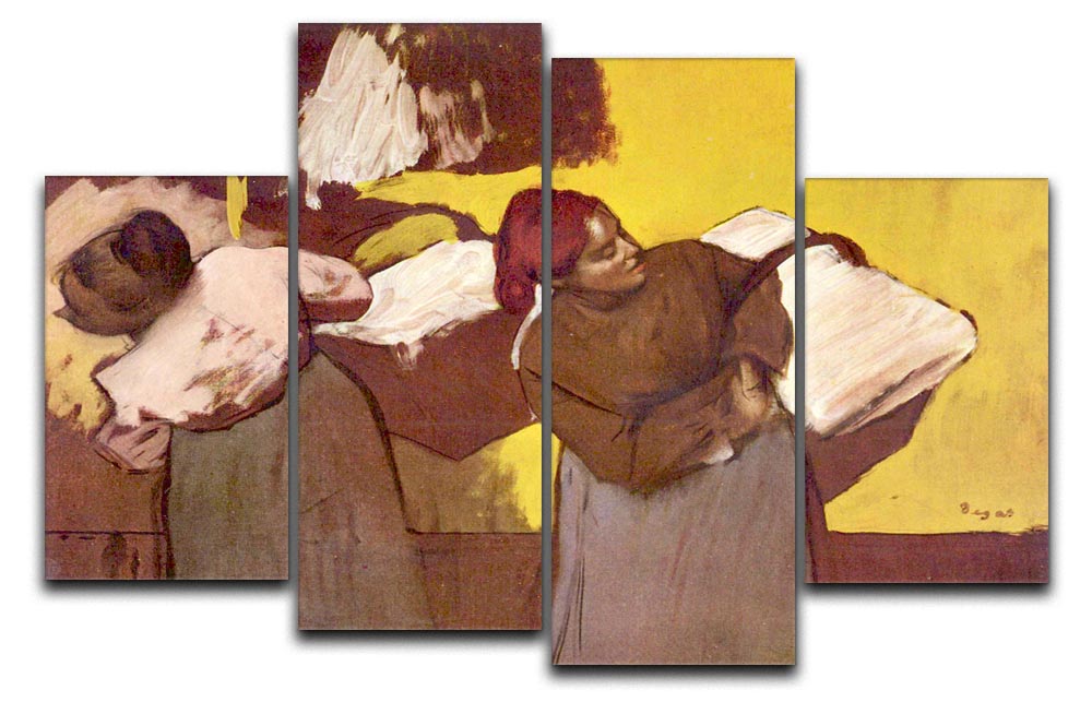 Four-panel canvas artwork depicting Two Washer Women by Degas, showcasing vibrant colors and intricate details.