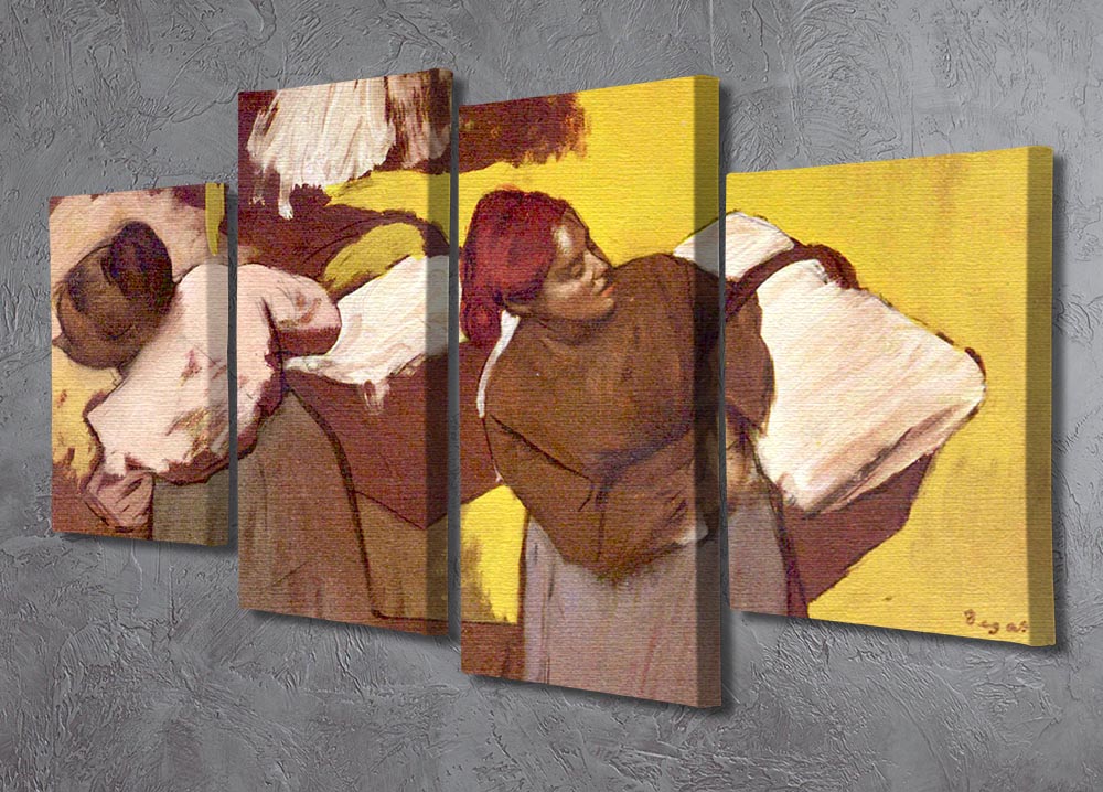 Four-panel canvas artwork depicting Two Washer Women by Degas, showcasing vibrant colors and intricate details.