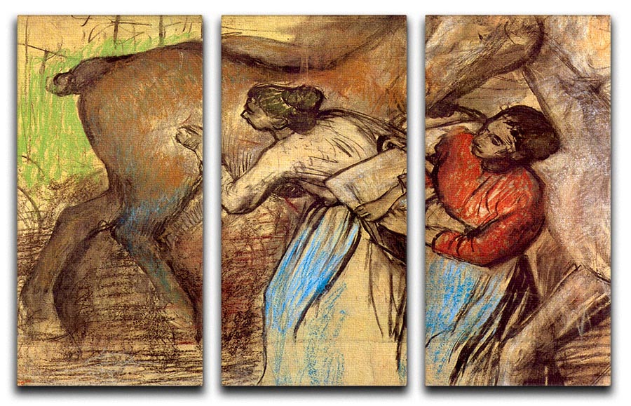 Three-panel canvas print featuring Degas' Two Women Washing Horses, showcasing elegant artwork for home decor.
