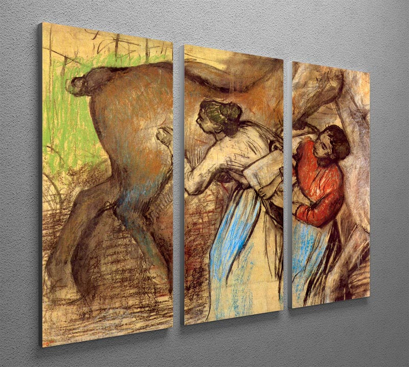 Three-panel canvas print featuring Degas' Two Women Washing Horses, showcasing elegant artwork for home decor.