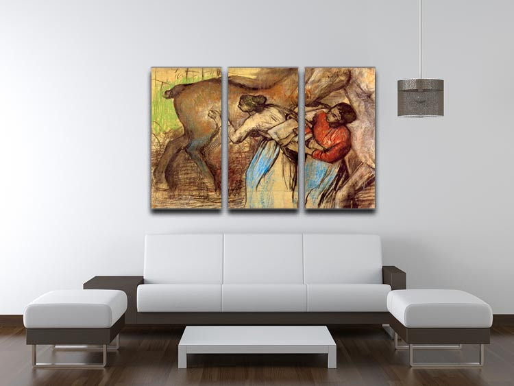 Three-panel canvas print featuring Degas' Two Women Washing Horses, showcasing elegant artwork for home decor.