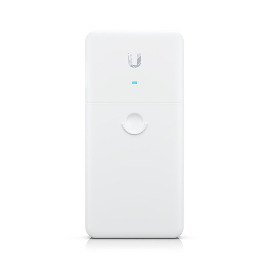 UBIQUITI Long-Range Ethernet Repeater with dual RJ45 ports for PoE connectivity and passthrough output, designed for indoor and outdoor use.