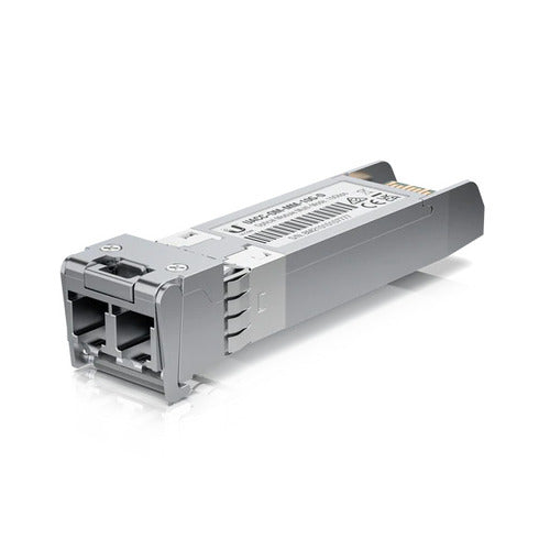 Ubiquiti UFiber SFP+ Multi-Mode Fiber Module with LC connectors, designed for 10 Gbps data transmission over 300m.