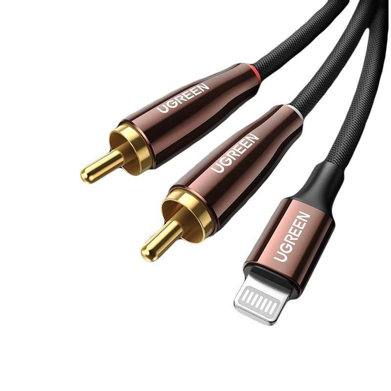 UGREEN 40904 RCA Cable featuring MFi Certified 8-pin connector for iPhone, designed for high-quality audio transmission.