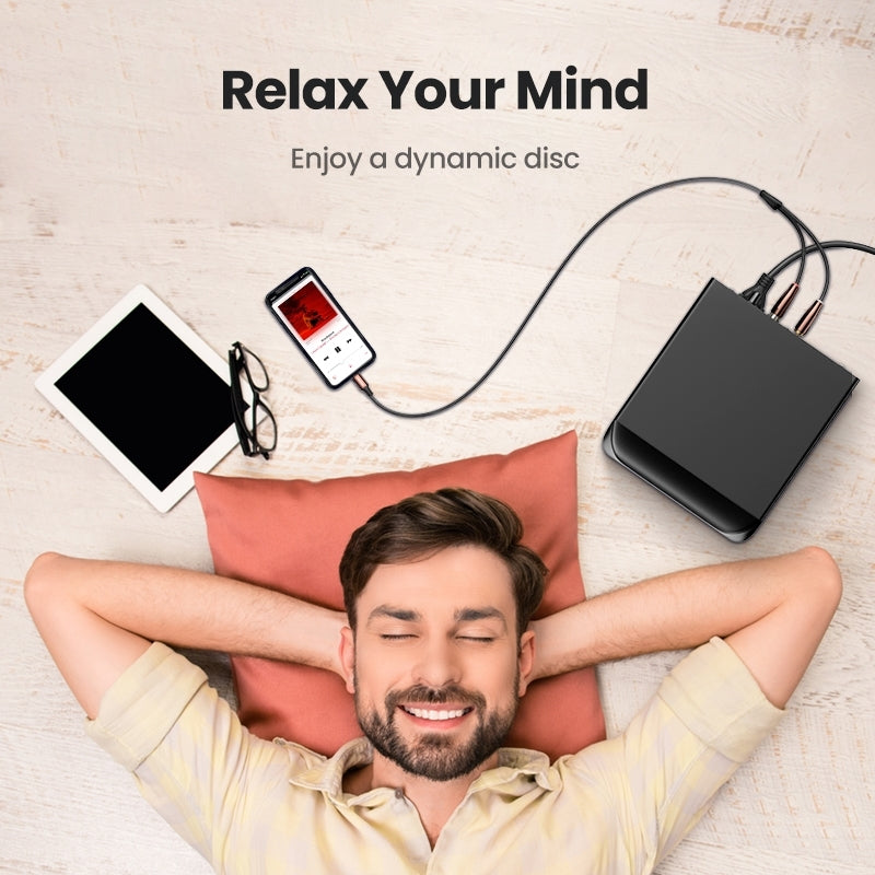 UGREEN 40904 RCA Cable featuring MFi Certified 8-pin connector for iPhone, designed for high-quality audio transmission.