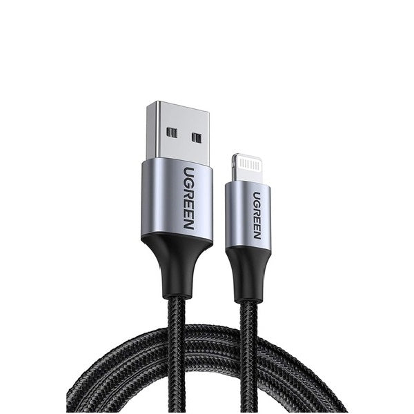 UGREEN 60158 USB-A to 8-pin iPhone Charging Cable, 2M long, black nylon braided design with aluminum connectors.