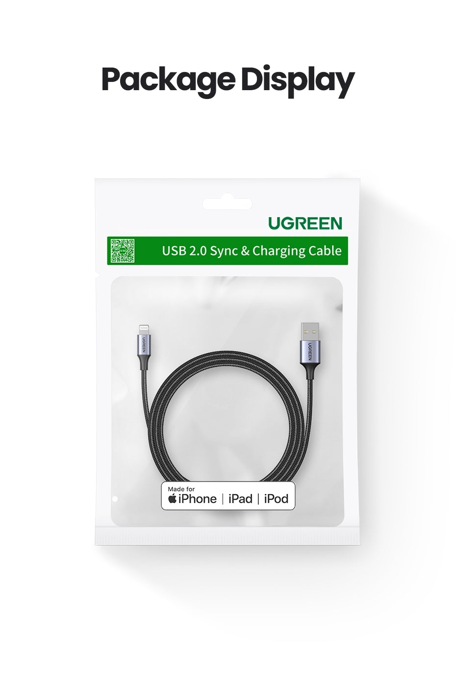 UGREEN 60158 USB-A to 8-pin iPhone Charging Cable, 2M long, black nylon braided design with aluminum connectors.