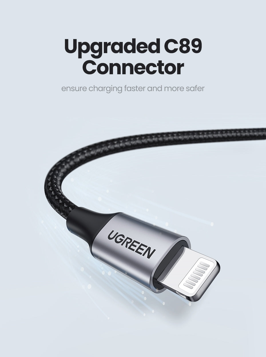 UGREEN 60158 USB-A to 8-pin iPhone Charging Cable, 2M long, black nylon braided design with aluminum connectors.