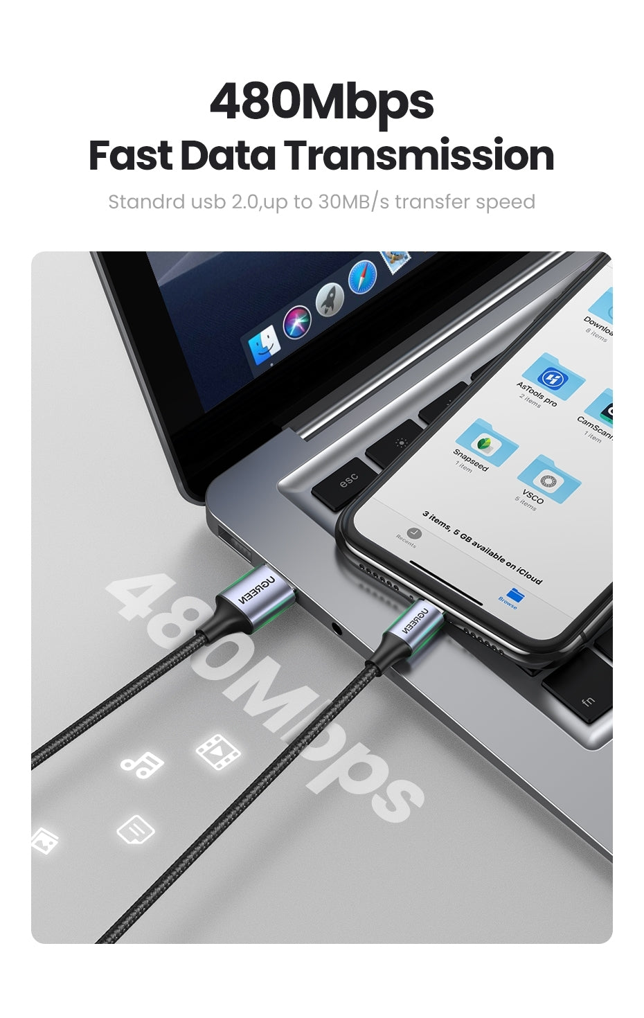 UGREEN 60158 USB-A to 8-pin iPhone Charging Cable, 2M long, black nylon braided design with aluminum connectors.