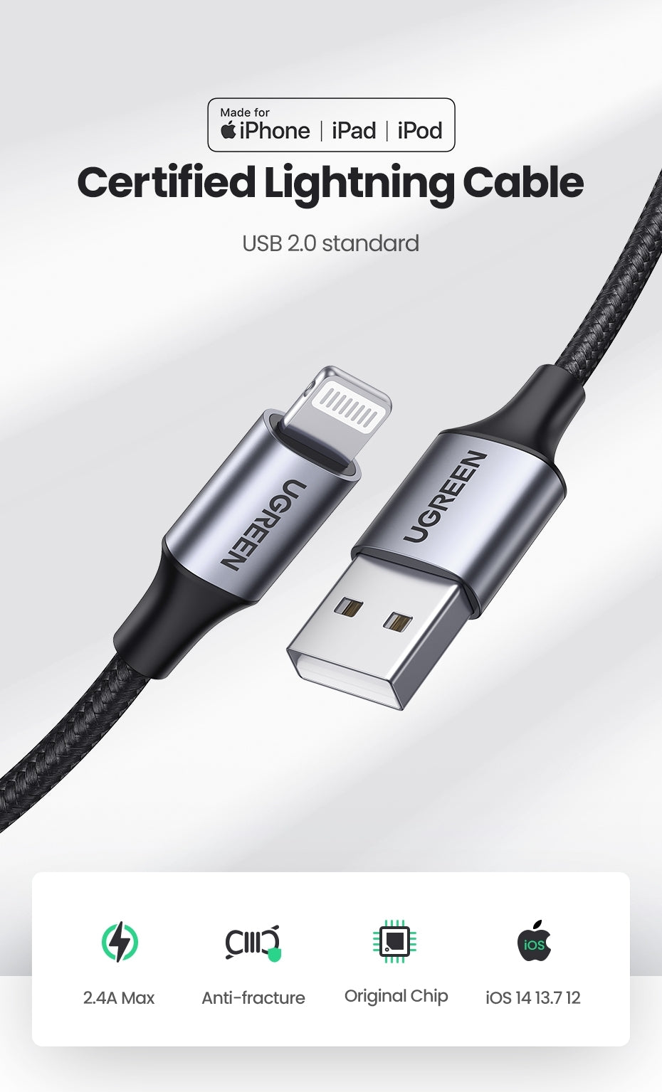 UGREEN 60158 USB-A to 8-pin iPhone Charging Cable, 2M long, black nylon braided design with aluminum connectors.