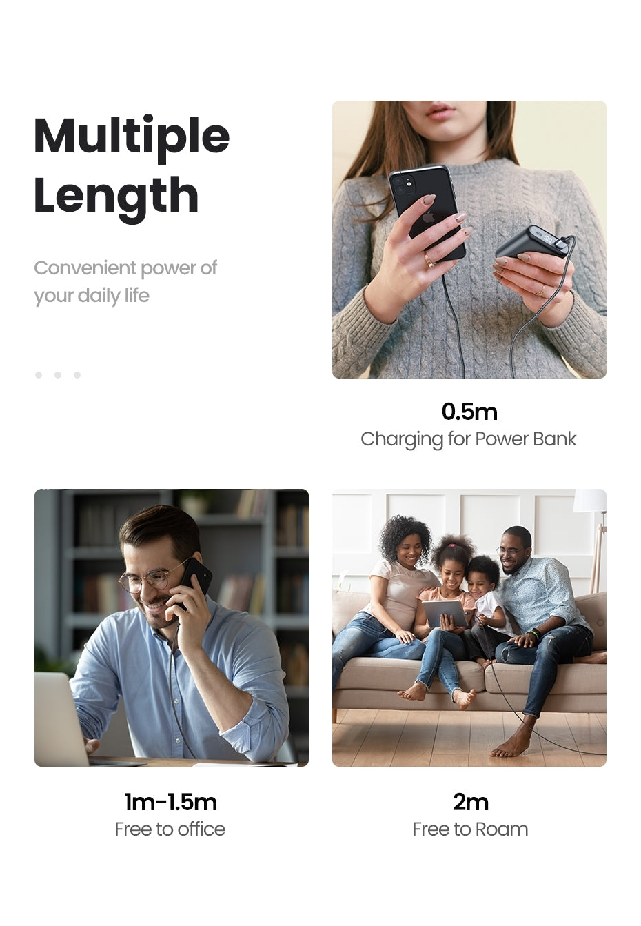 UGREEN 60158 USB-A to 8-pin iPhone Charging Cable, 2M long, black nylon braided design with aluminum connectors.