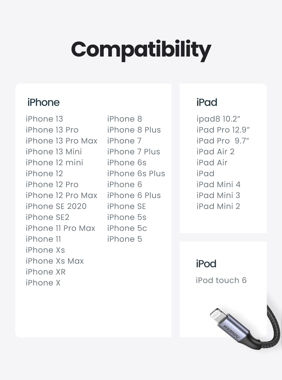 UGREEN 60158 USB-A to 8-pin iPhone Charging Cable, 2M long, black nylon braided design with aluminum connectors.