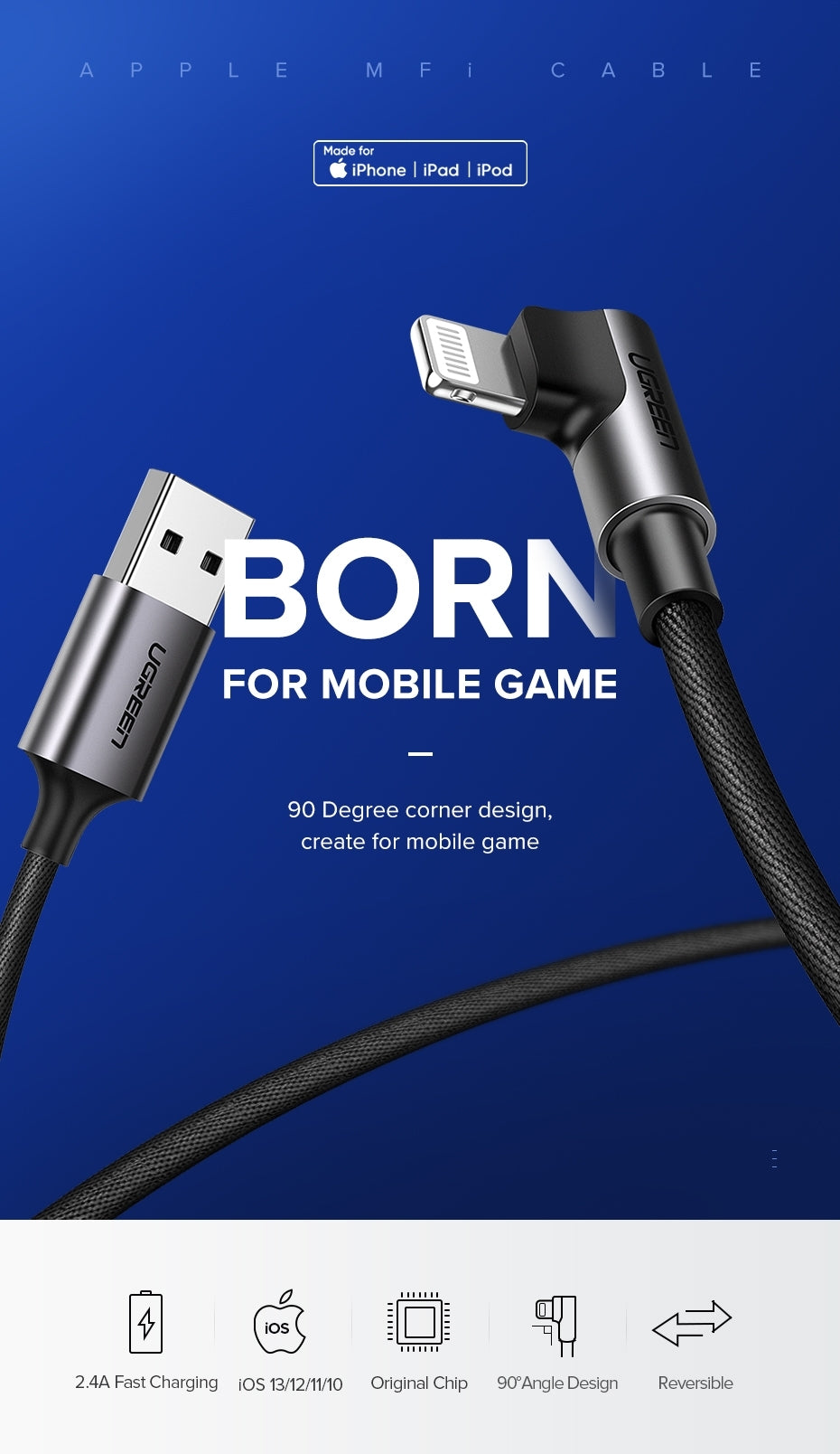 UGREEN 70733 USB-A to 8-pin iPhone Cable with 90-degree design, 2 meters long, ideal for charging and gaming.