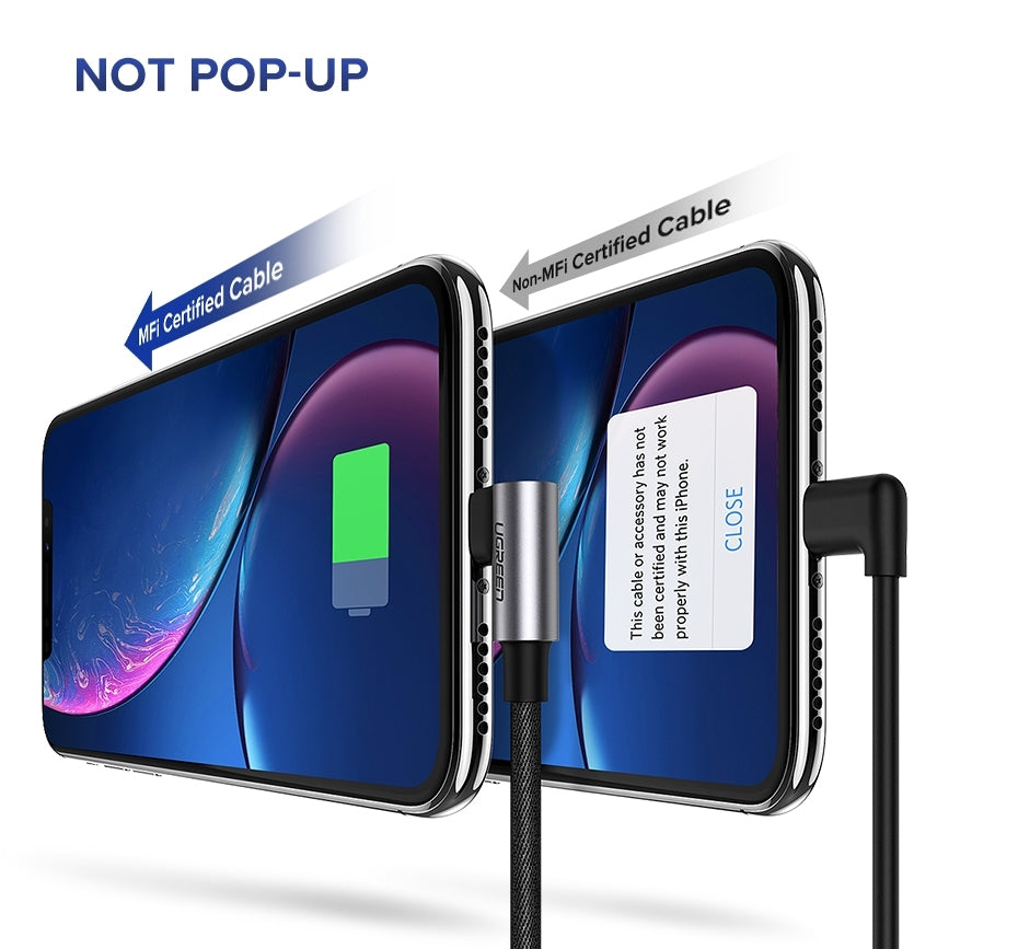 UGREEN 70733 USB-A to 8-pin iPhone Cable with 90-degree design, 2 meters long, ideal for charging and gaming.