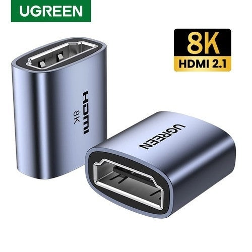 UGREEN 90592 HDMI 8K Female to Female Adapter with aluminum alloy shell and gold-plated pins for high-quality connectivity.
