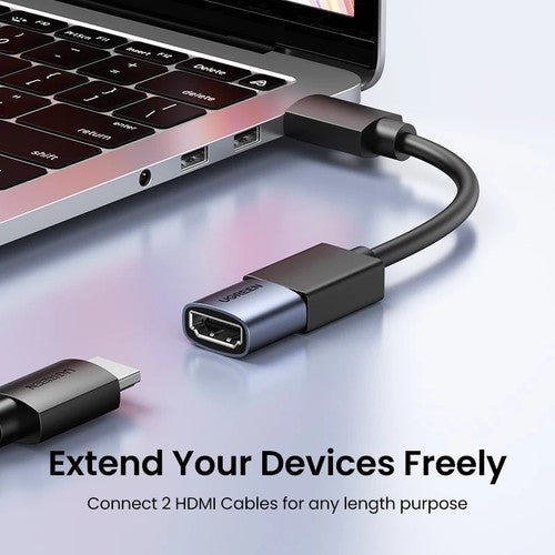 UGREEN 90592 HDMI 8K Female to Female Adapter with aluminum alloy shell and gold-plated pins for high-quality connectivity.