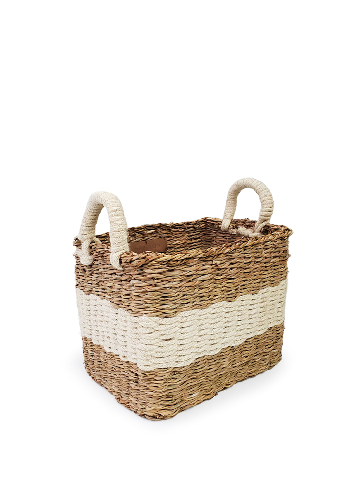 Ula Storage Basket made from seagrass and jute, showcasing its natural and white color, perfect for home organization.