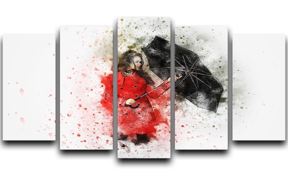 A vibrant 5-split canvas artwork featuring a girl with an umbrella, creating a dynamic and engaging visual display.
