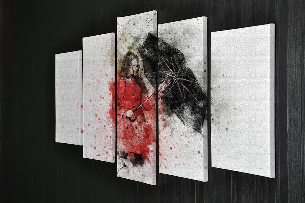 A vibrant 5-split canvas artwork featuring a girl with an umbrella, creating a dynamic and engaging visual display.
