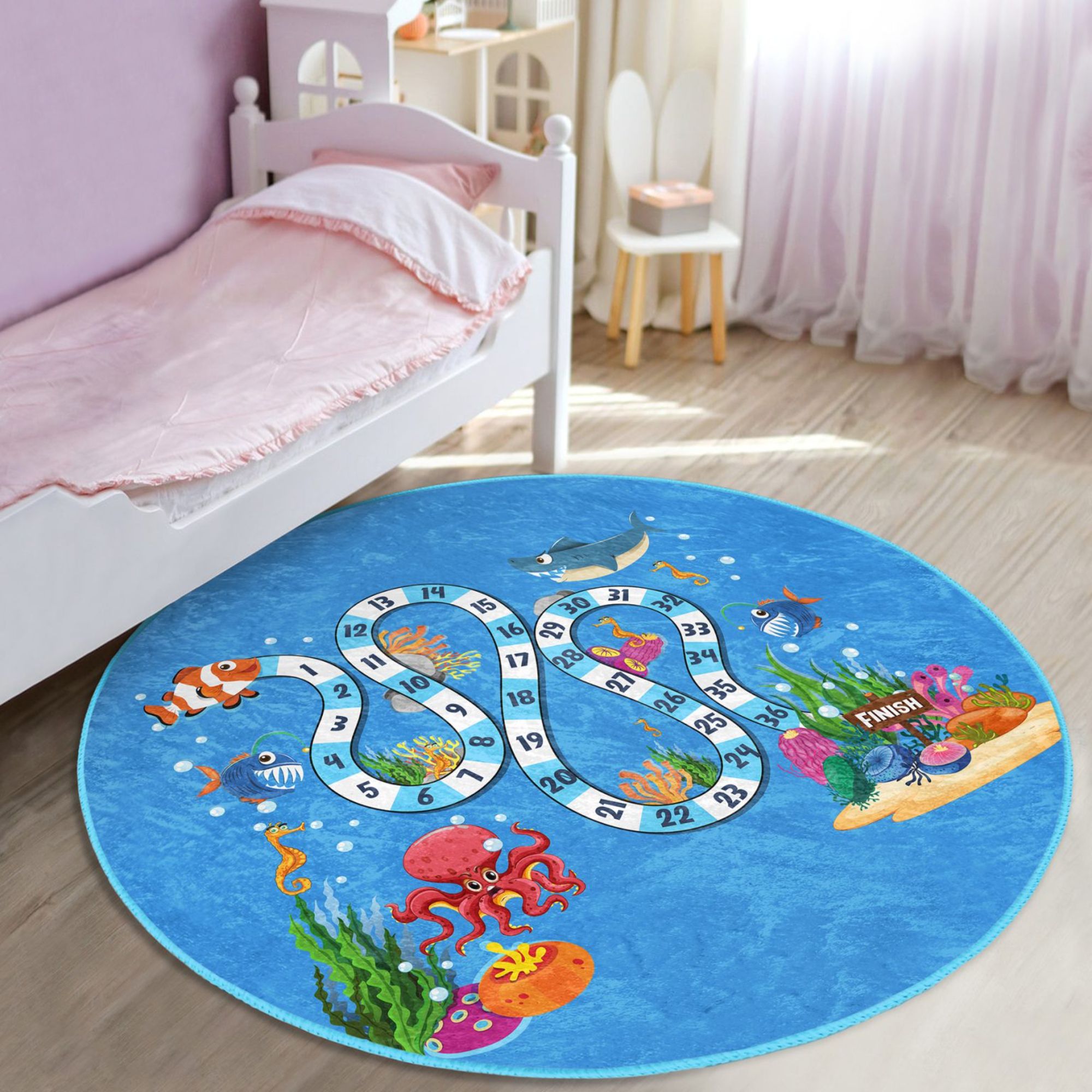 Under the Ocean Animals Game Design Kids Washable Rug featuring vibrant aquatic life and a playful game design, perfect for children's playrooms.