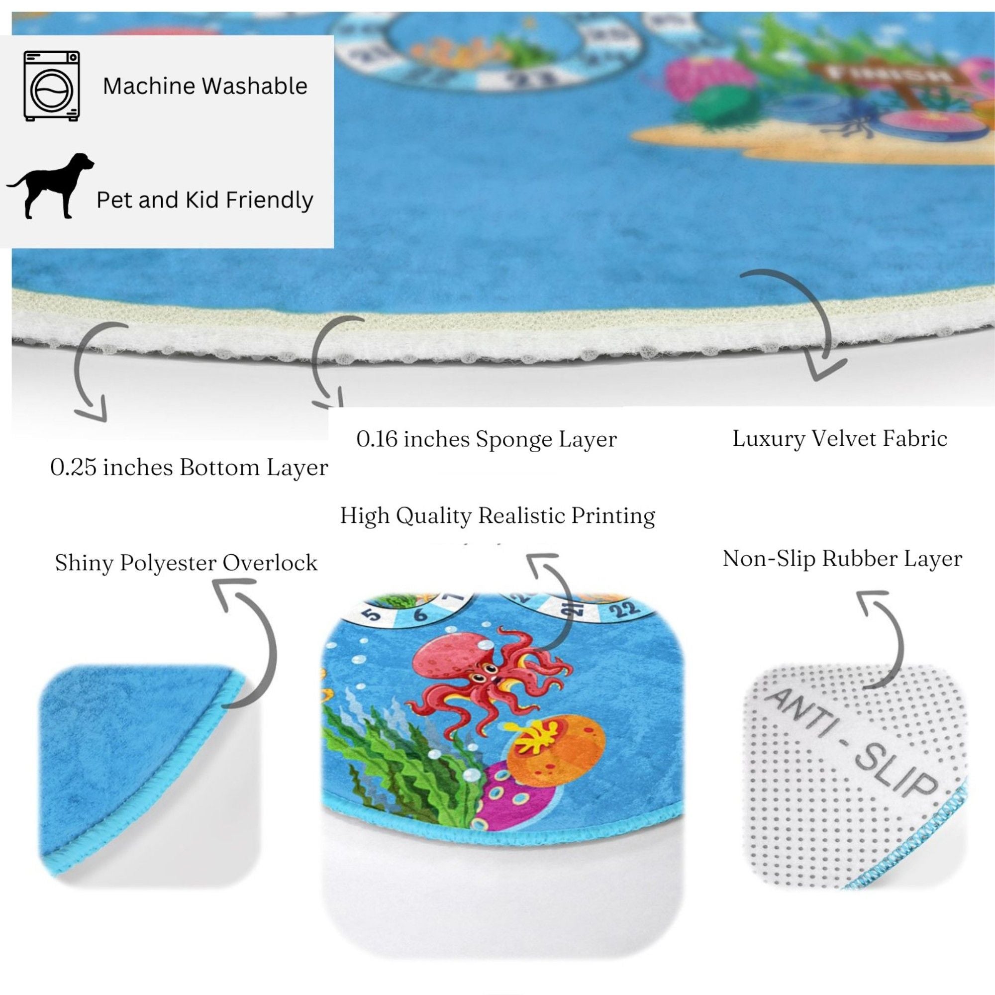 Under the Ocean Animals Game Design Kids Washable Rug featuring vibrant aquatic life and a playful game design, perfect for children's playrooms.