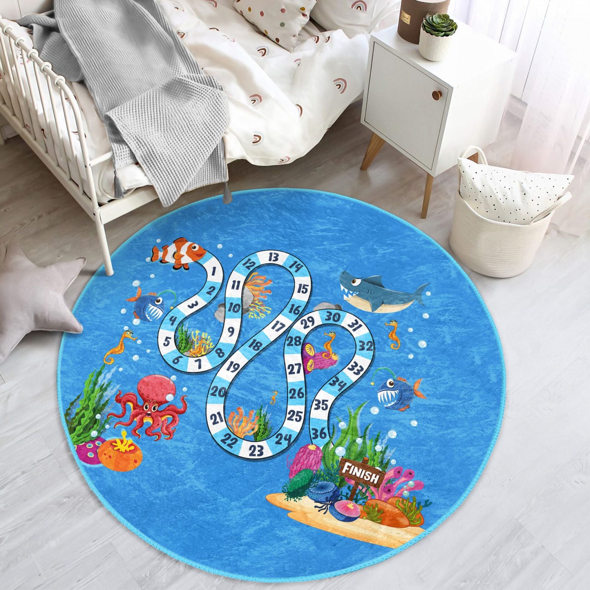 Under the Ocean Animals Game Design Kids Washable Rug featuring vibrant aquatic life and a playful game design, perfect for children's playrooms.