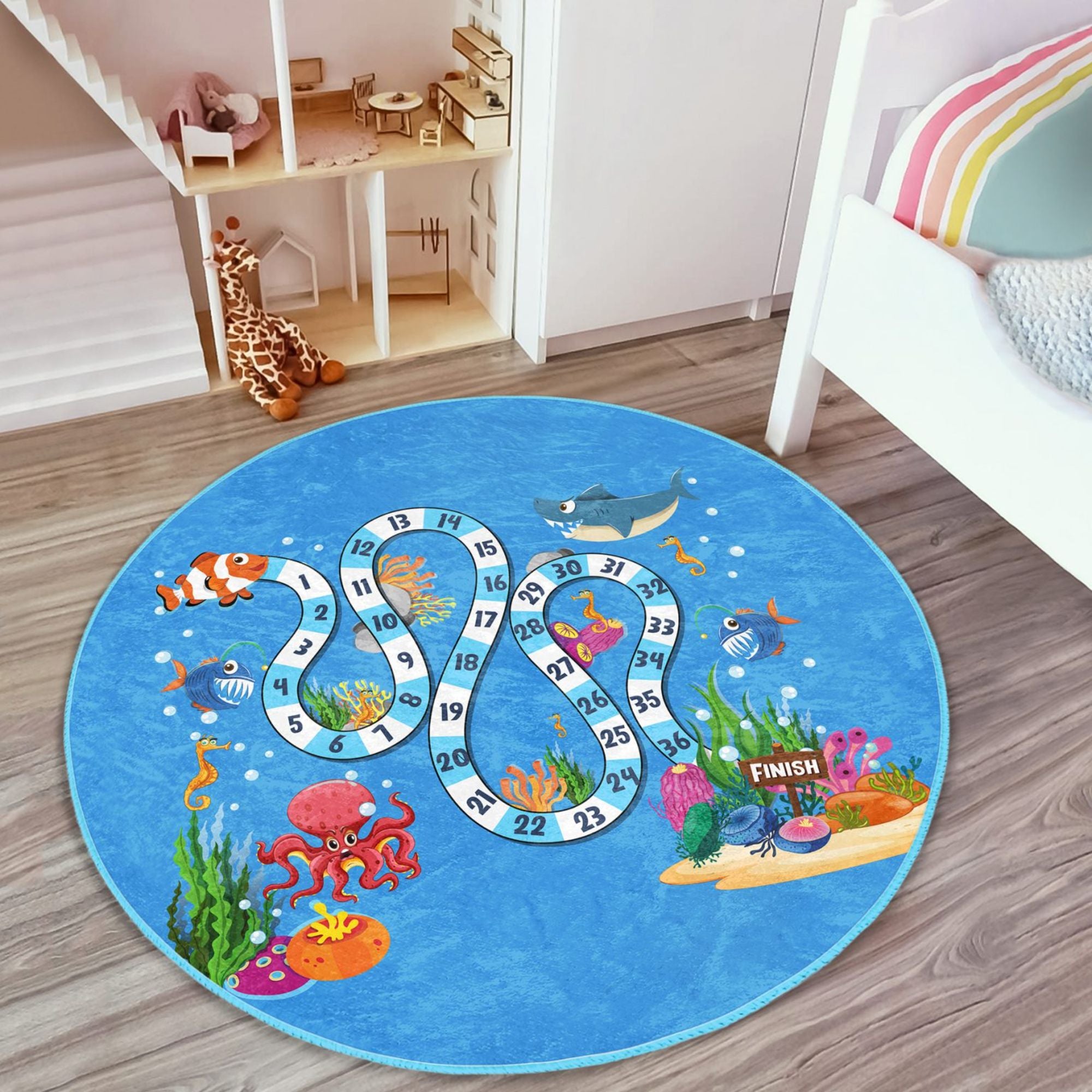 Under the Ocean Animals Game Design Kids Washable Rug featuring vibrant aquatic life and a playful game design, perfect for children's playrooms.