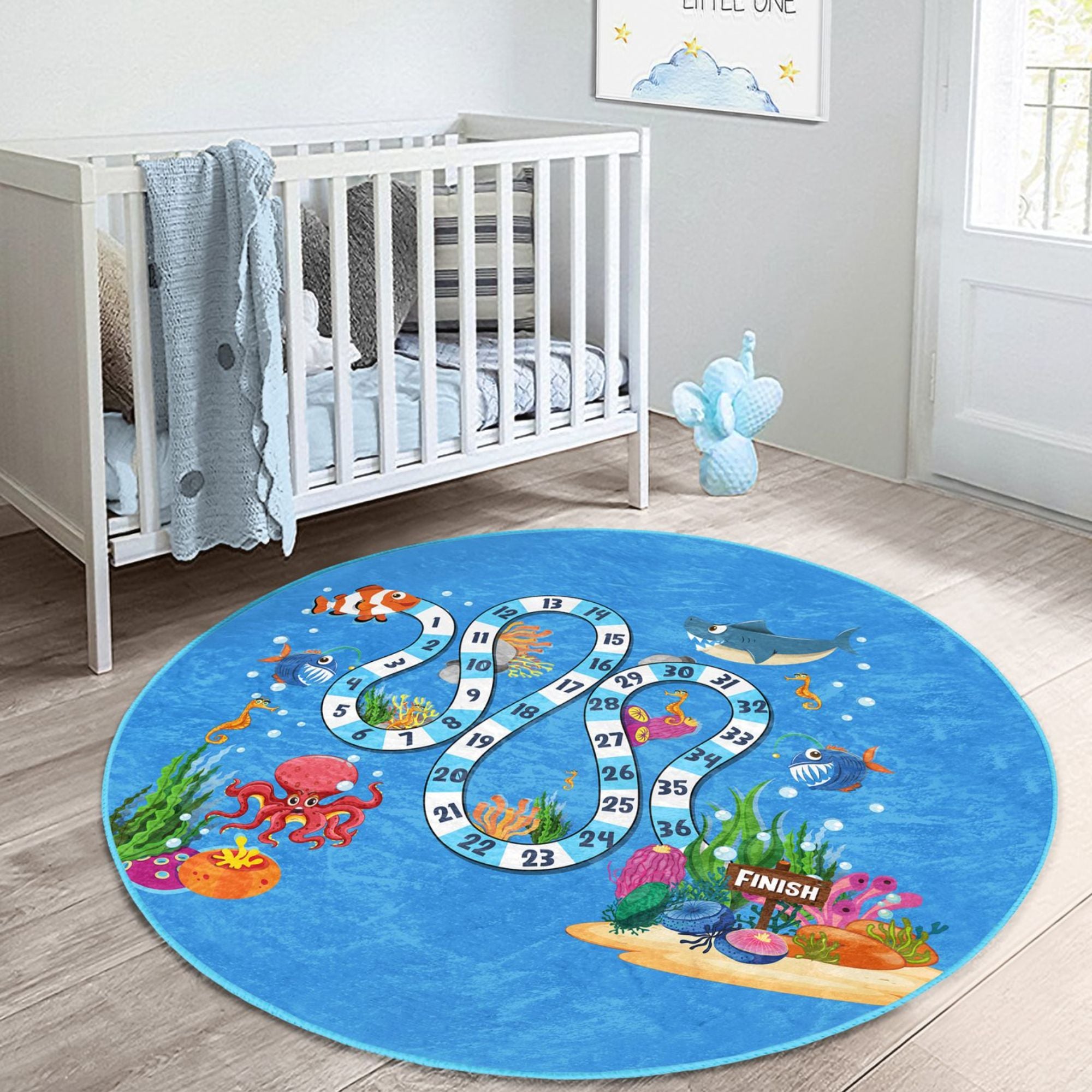 Under the Ocean Animals Game Design Kids Washable Rug featuring vibrant aquatic life and a playful game design, perfect for children's playrooms.