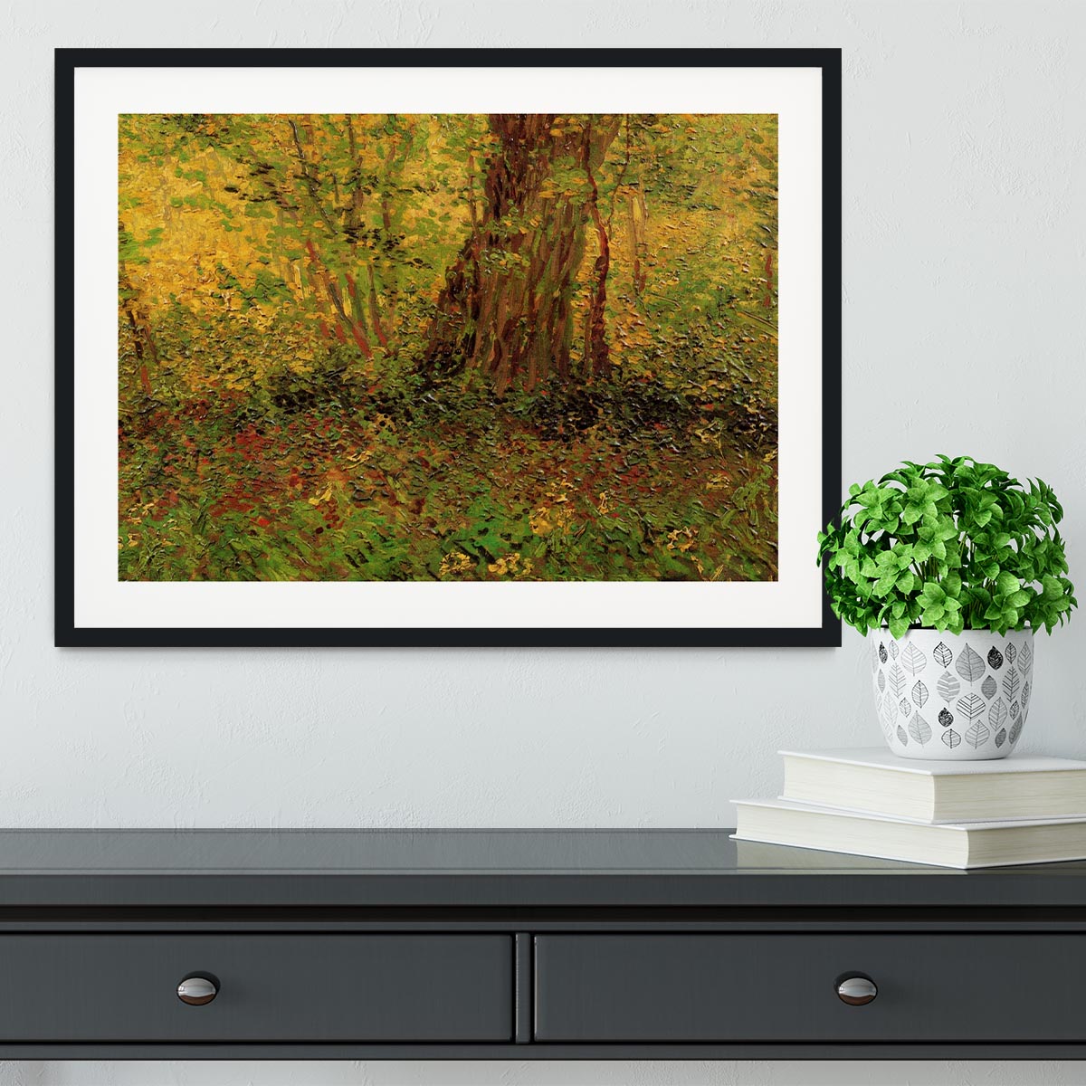 Framed print of Undergrowth 2 by Van Gogh, showcasing vibrant colors and intricate details in a stylish frame.