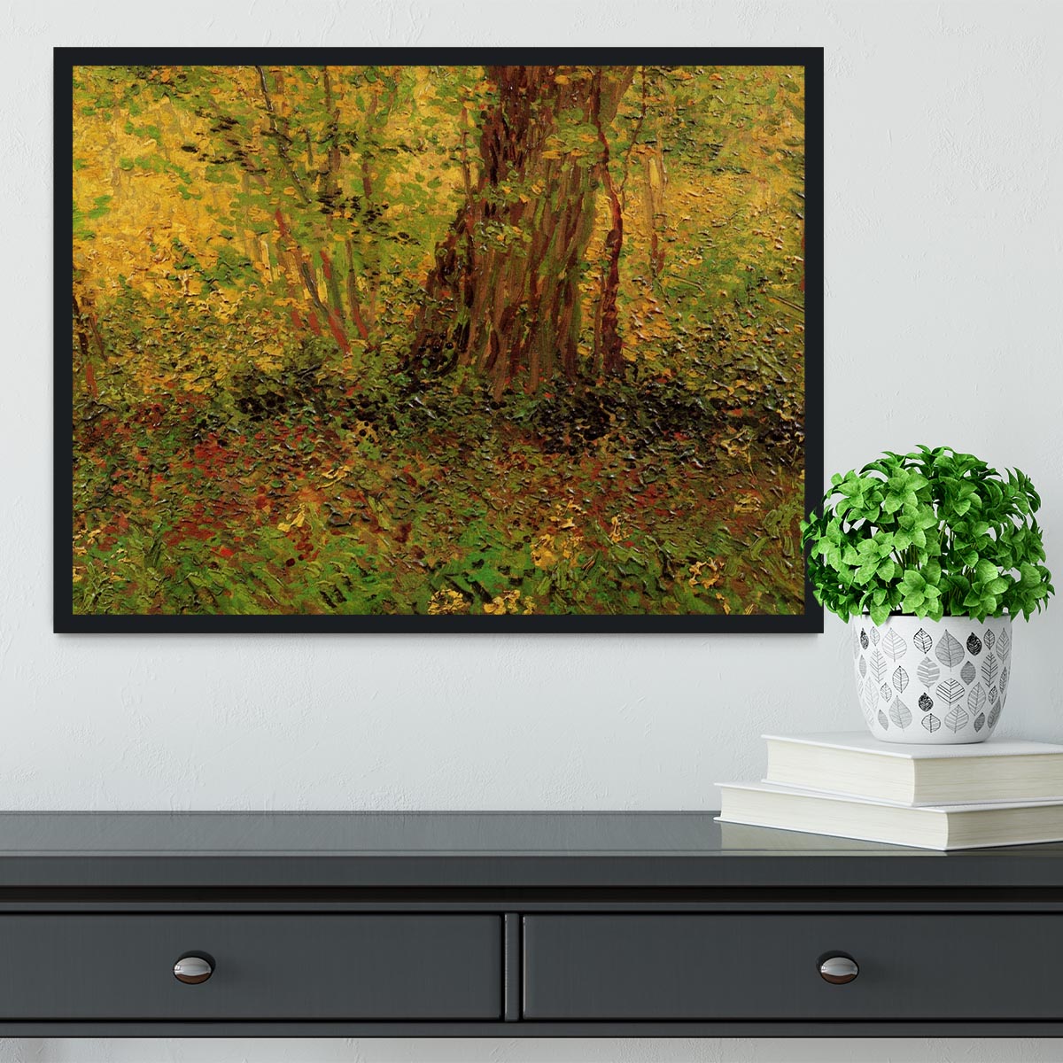 Framed print of Undergrowth 2 by Van Gogh, showcasing vibrant colors and intricate details in a stylish frame.