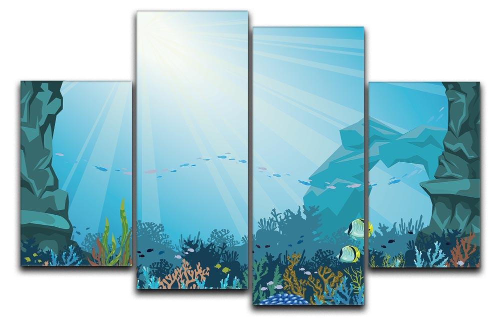 A beautiful 4 split panel canvas artwork depicting an underwater arch in a vibrant blue sea, showcasing marine life and tranquility.