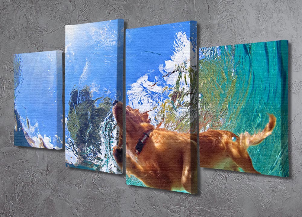 A vibrant underwater photo of a golden labrador retriever puppy, displayed in a 4-split canvas format, showcasing playful and joyful expressions.