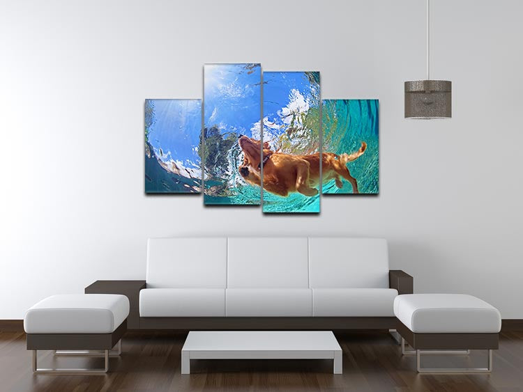 A vibrant underwater photo of a golden labrador retriever puppy, displayed in a 4-split canvas format, showcasing playful and joyful expressions.