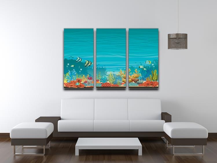 Underwater seascape 3 split panel canvas print showcasing vibrant ocean colors and marine life, perfect for home decor.
