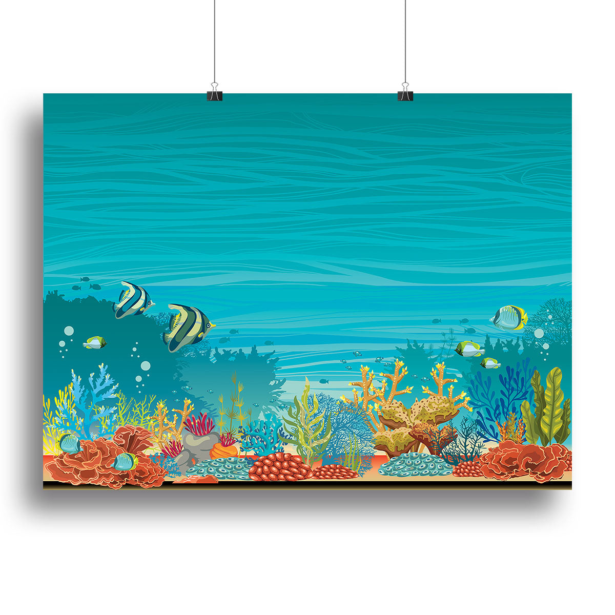 A vibrant underwater seascape canvas print showcasing colorful marine life and coral reefs, perfect for home decor.