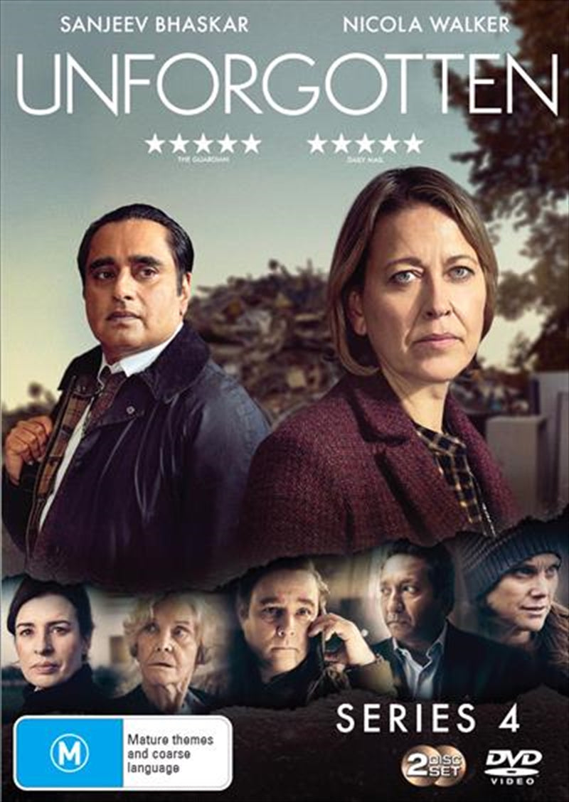 Unforgotten - Series 4 DVD cover featuring Cassie and Sunny, with a dark and mysterious background hinting at the crime drama theme.