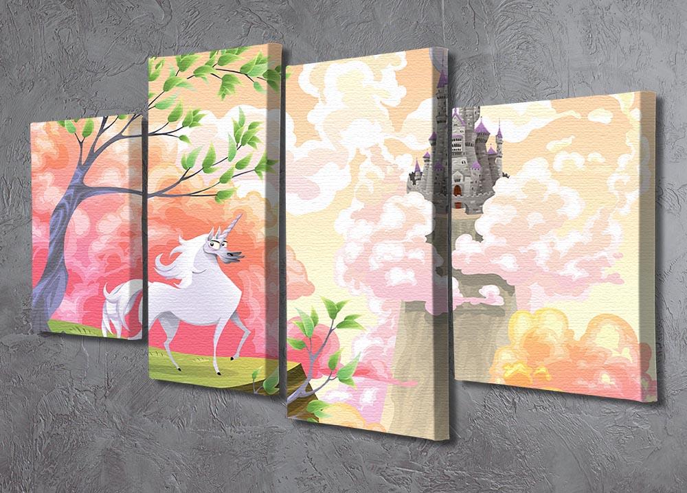A vibrant 4-panel canvas artwork featuring a unicorn in a mythological landscape, showcasing intricate details and colors.