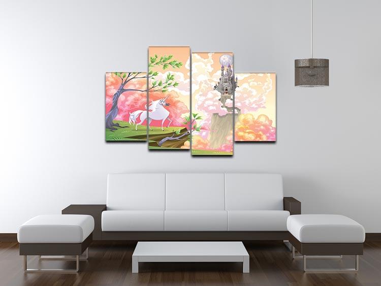 A vibrant 4-panel canvas artwork featuring a unicorn in a mythological landscape, showcasing intricate details and colors.