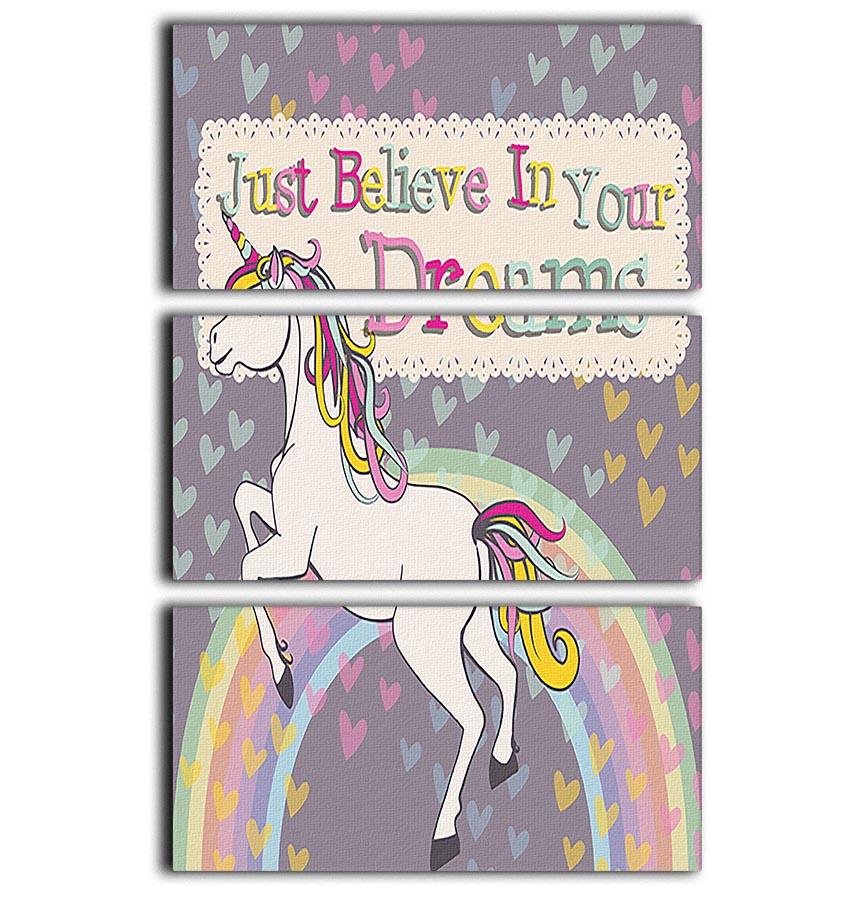A beautiful 3-panel canvas print featuring a unicorn surrounded by dreamy clouds and stars, perfect for inspiring creativity.