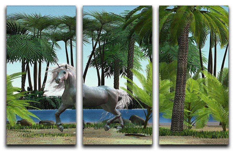 A beautiful 3-panel canvas print featuring a prancing unicorn buck, showcasing vibrant colors and artistic design.
