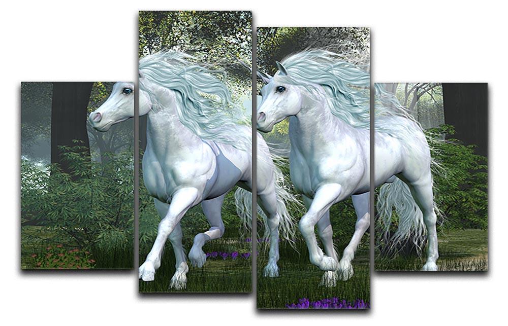 A beautiful 4-split canvas artwork featuring unicorns in an enchanting forest, showcasing vibrant colors and intricate details.